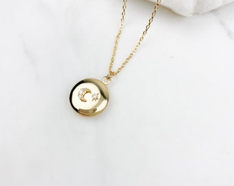 Locket necklace, moon Locket necklace, gifts for her, birthday gift, dainty locket, round locket necklace , gold locket, jewelry