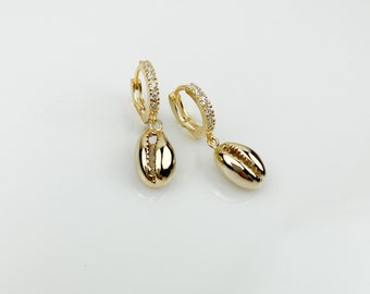 Hoop earrings, gold earrings, shell earrings, huggie hoops, charm earrings, small hoops, gifts for her, jewelry, CZ earrings
