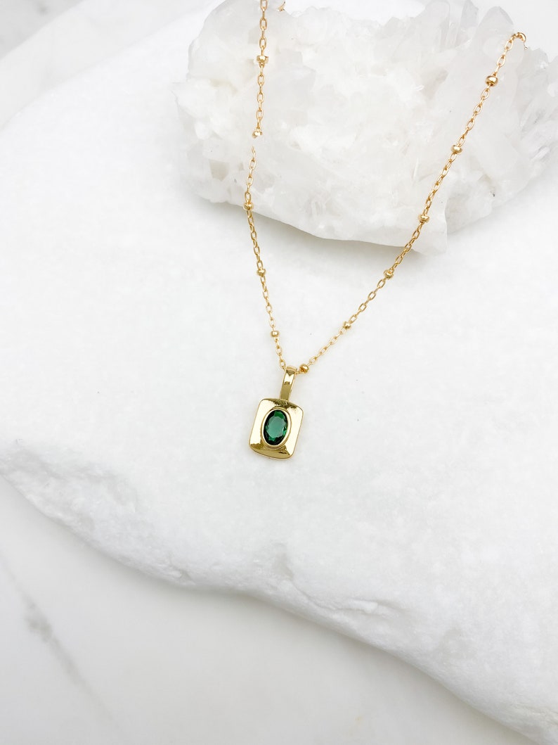 Gold filled Emerald Pendant Necklace, gold necklace, dainty necklace, layering necklace, Gift for her, Emerald Necklace, Paperclip image 5