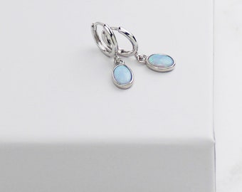 Opal Hoop Earrings, Sterling Silver, Dainty Leverback Hoops
