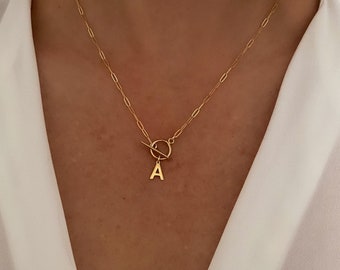 14k gold filled paperclip chain necklace with mini toggle closure, Gold necklace, Initial necklace, Dainty necklace, jewelry gift for her