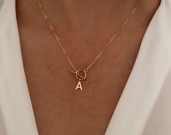14k gold filled paperclip chain necklace with mini toggle closure, Gold necklace, Initial necklace, Sterling silver necklace, jewelry gift