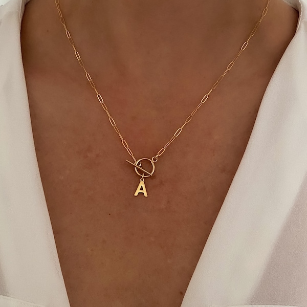 Gold paperclip chain necklace with mini toggle closure, Gold necklace, Initial necklace, Sterling silver necklace, jewelry gift