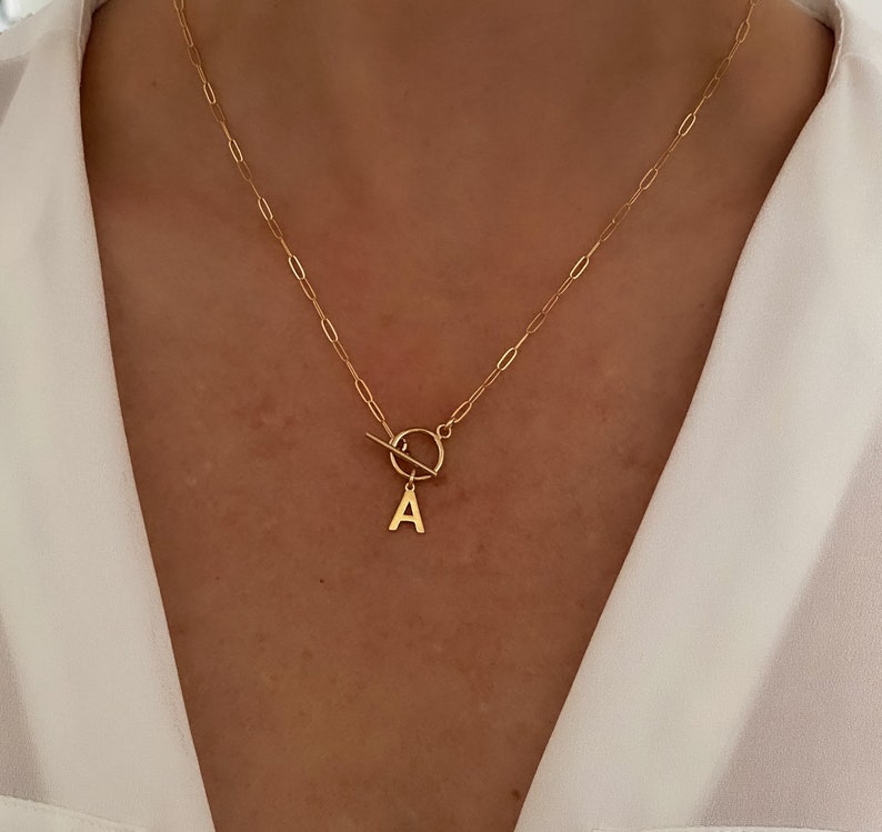 14k gold filled paperclip chain necklace with mini toggle closure, Gold necklace, Initial necklace, Dainty necklace, jewelry gift for her image 1