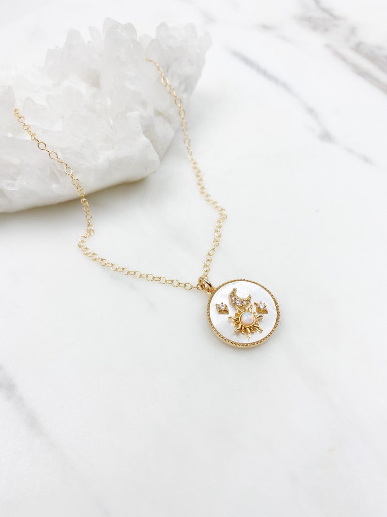 Gold necklace, Opal star necklace, Celestial jewelry, dainty necklace, gift for her, necklaces for women, moon stars necklace, sun necklace