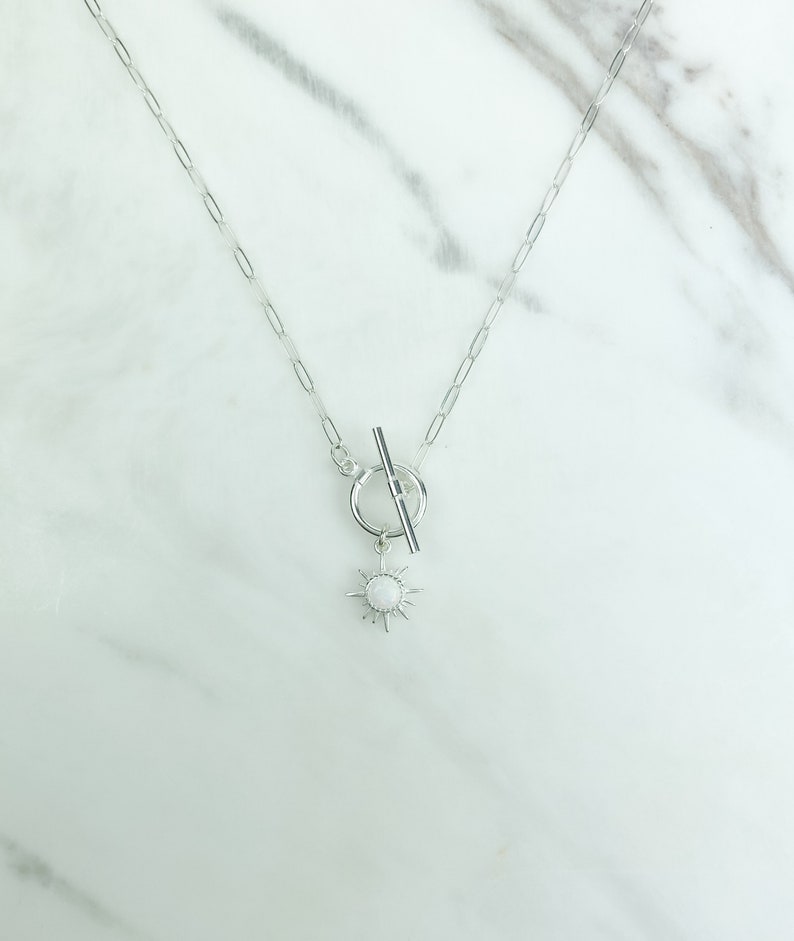 Sterling Silver Sun Necklace, Silver Toggle Necklace, Paperclip Necklace, Sun Necklace Silver, Opal Sun necklace, Gift for her, Jewelry