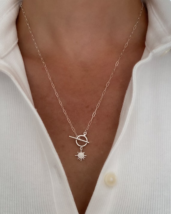 Silver Sun Necklace, Silver Toggle Necklace, Paperclip Necklace, Sun Necklace Silver, Opal Sun necklace, Gift for her, Jewelry