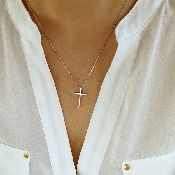Silver cross necklace, cross necklace, religious necklace cross, religious gift, simple cross necklace, silver necklace, religious gifts wom