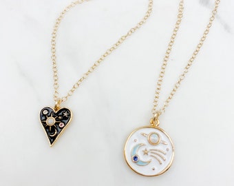 Enamel Celestial Necklace, Gold Sun Moon Pendant, Opal & CZ Accents