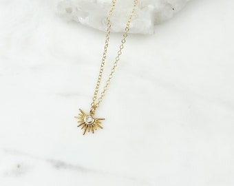 Gold Sun Ray Pendant Necklace, Cubic Zirconia Celestial Jewelry