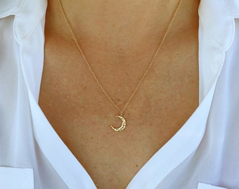 14k Gold Plated Hammered Moon Necklace, Sterling Silver Crescent Necklace, Gift for her