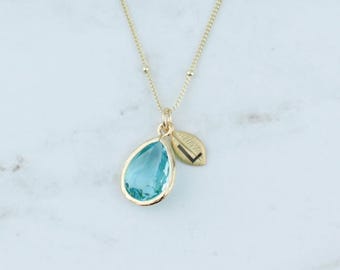 Aquamarine Necklace, birthstone necklace, Personalized Initial Charm, Birthstone Jewelry March Birthday Gift, Blue Aquamarine Gifts for her