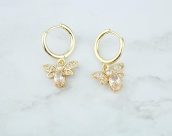 Earrings, Bee pendant Small  hoop earrings, gold earrings, charm earrings, dainty earrings, women,  earrings, gifts for her, jewelry