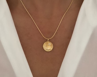 Gold necklace, Celestial necklace, Pendant necklace, Jewelry, Gift for her, Sun and Moon necklace, Coin medallion, Gift for mom, Necklaces