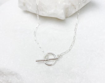 Sterling Silver paperclip chain necklace with mini toggle closure, Silver necklace, dainty necklace, jewelry gift for her, Dainty Jewelry