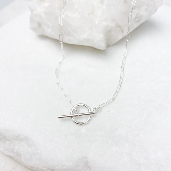 Sterling Silver paperclip chain necklace with mini toggle closure, Silver necklace, dainty necklace, jewelry gift for her, Dainty Jewelry