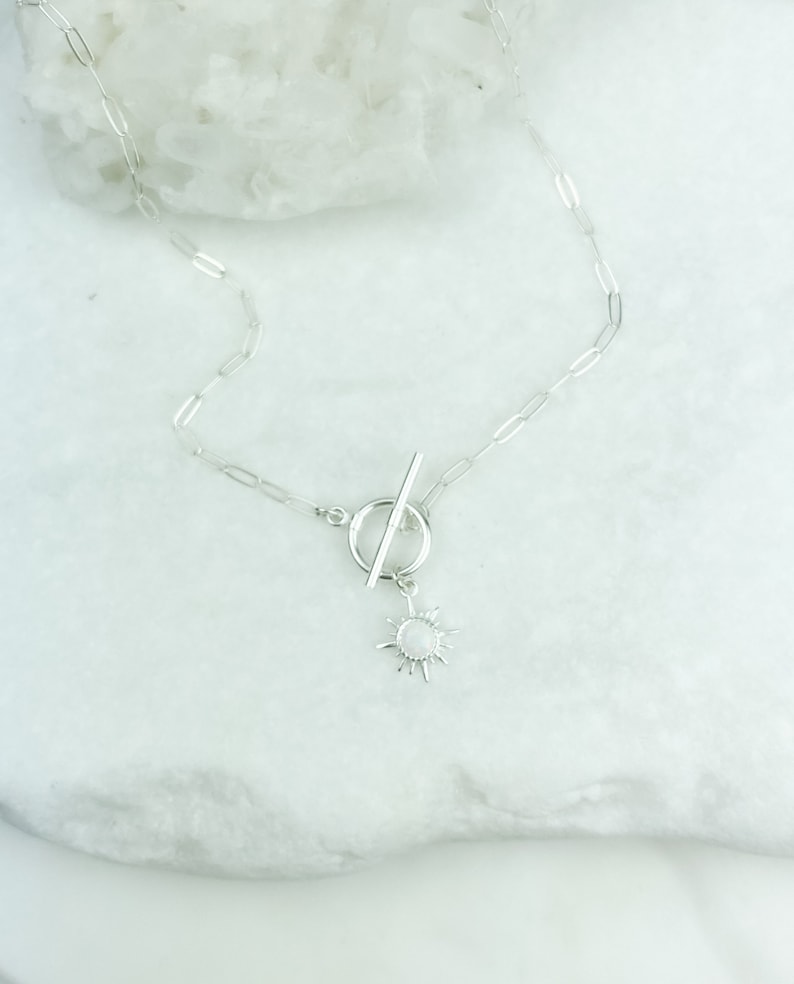 Sterling Silver Sun Necklace, Silver Toggle Necklace, Paperclip Necklace, Sun Necklace Silver, Opal Sun necklace, Gift for her, Jewelry