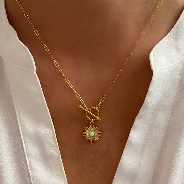 Gold Toggle Neckace, Opal Toggle Necklace, Opal jewelry, gold necklace, layering necklace, dainty necklace, Toggle chain, pendant necklace