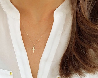 Dainty Gold Filled Cross Necklace, Textured Pendant