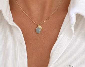 Moss Aquamarine Necklace, Gold Initial Charm, March Birthstone
