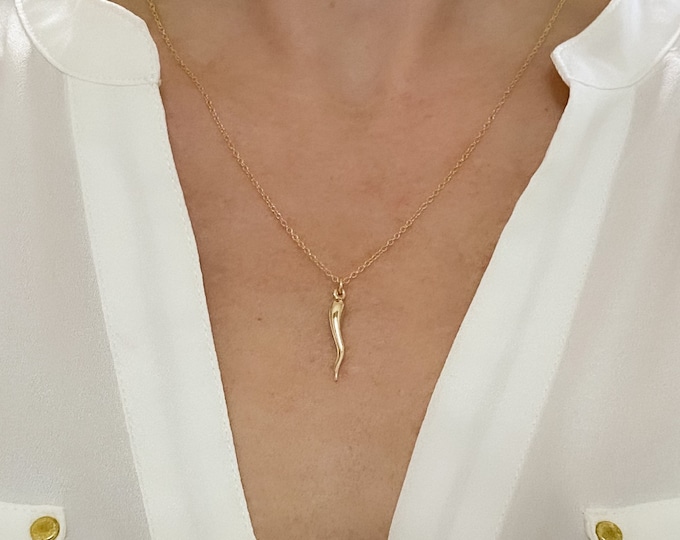 Gold Italian Horn Pendant Necklace for women, Dainty Layering Jewelry, 14k Gold Over Brass or Sterling Silver