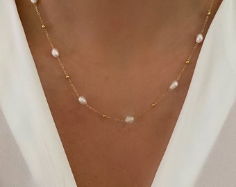 Pearl necklace, satellite pearl chain necklace, Gold necklace, layering necklace, jewelry gift for her, anti-tarnish, waterproof jewelry