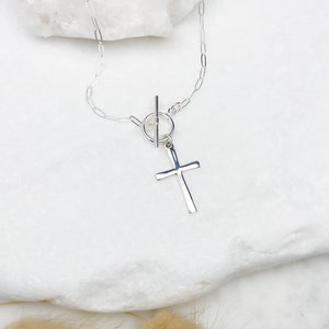 Silver Cross necklace for women,  Sterling silver Cross, paperclip chain necklace with mini toggle closure, silver necklace, dainty necklace