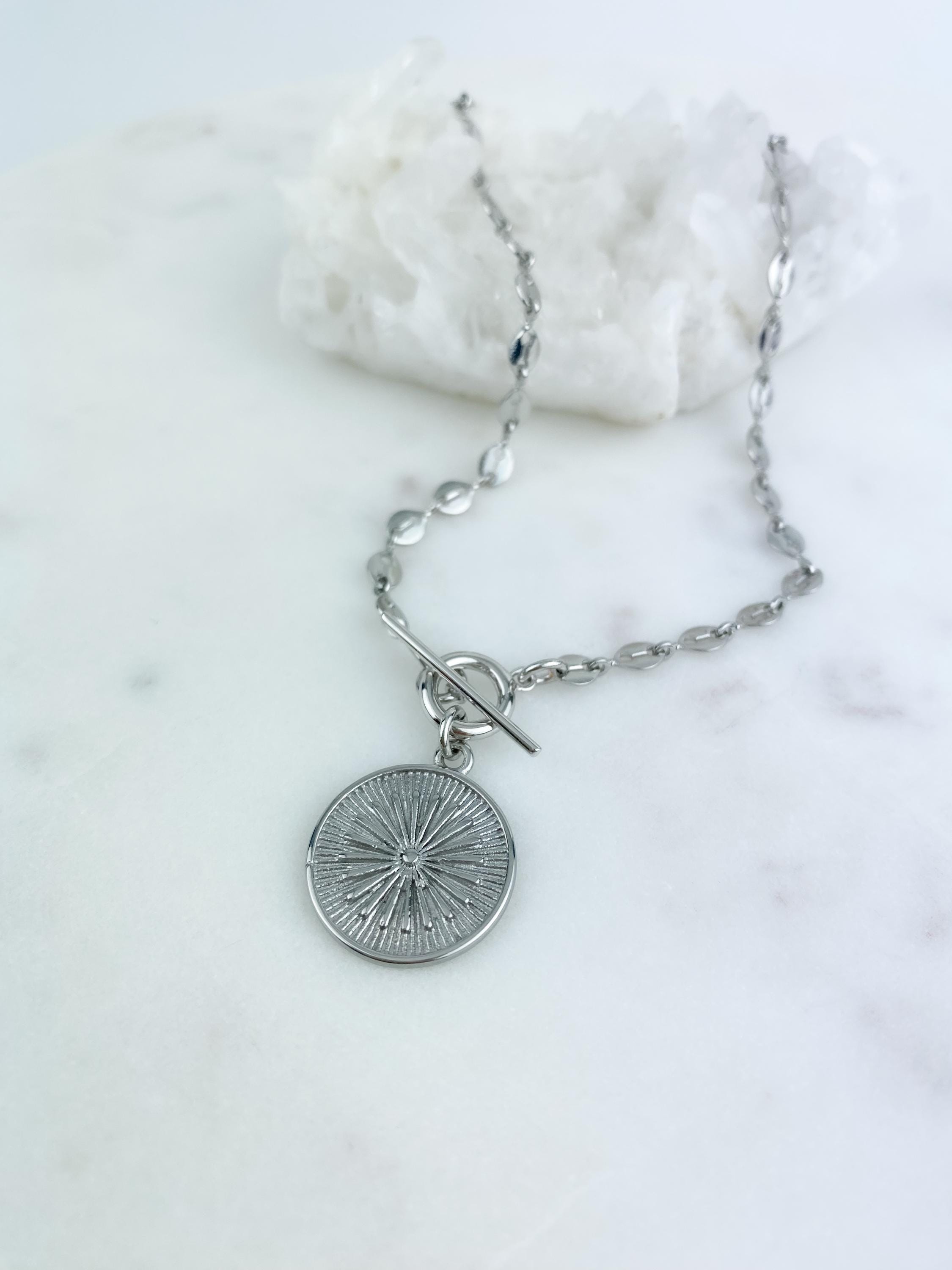 Gold Sun Toggle Necklace, Mariner Chain Necklace, Rhodium Silver 