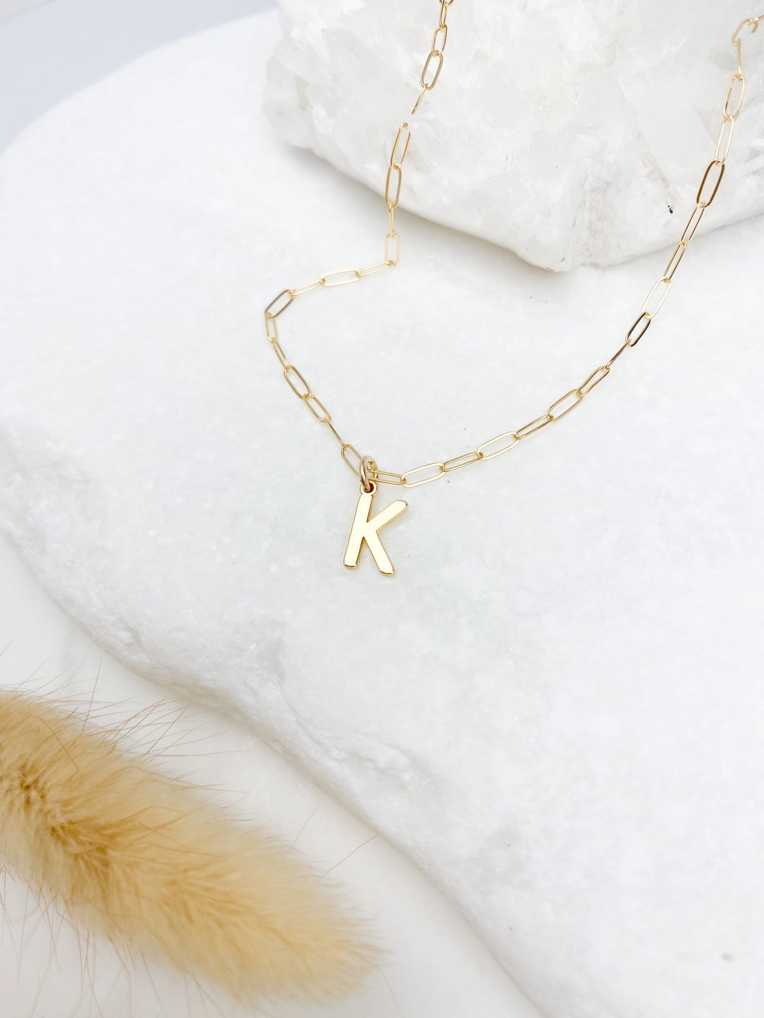 14k Gold Filled Paperclip Chain Necklace With Letter, Gold Necklace