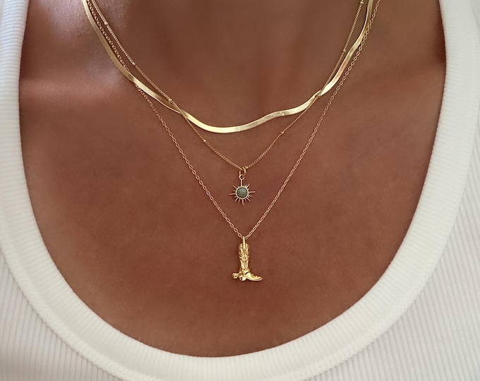 Necklace Set Gold, Gold Necklace, Cowboy Boot necklace, Turquoise necklace, layering necklace, jewelry gift for her, Sun Necklace, dainty