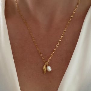 Charm Necklace, Pearl necklace, Shell necklace, paperclip chain necklace, anti tarnish gold necklace, gift for her, dainty summer jewelry