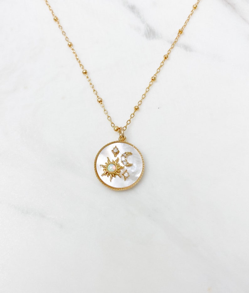 Gold necklace, Opal star necklace, Celestial jewelry, dainty necklace, gift for her, necklaces for women, moon stars necklace, sun necklace