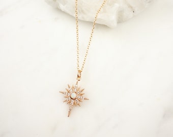 Rose Gold Opal Star Necklace, Celestial Pendant, Cubic Zirconia