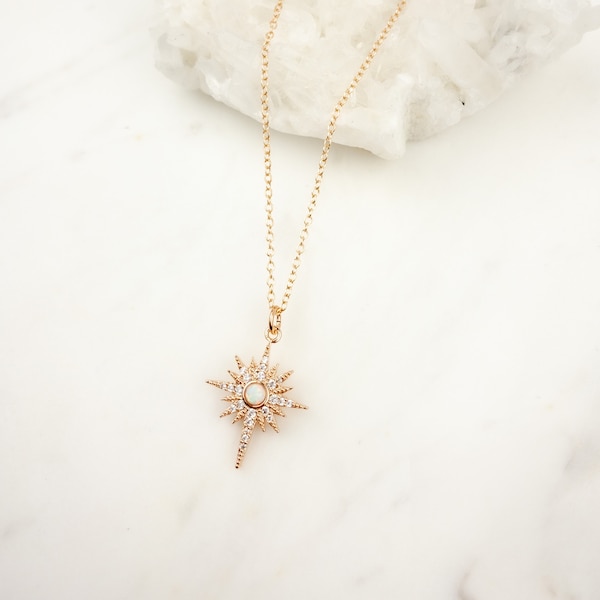 Rose Gold Opal Star Necklace, Celestial Pendant, Cubic Zirconia