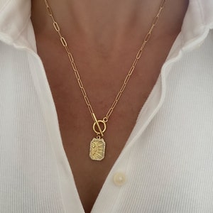 Gold Sun Necklace, 14k Gold  Paperclip chain necklace with toggle closure, Gold necklace, Toggle Necklace, jewelry gift her, sunburst
