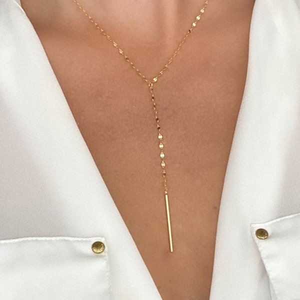Gold Lariat necklace, Sterling Silver necklace for women, Dainty lace Chain, Bar Necklace, jewelry, gift for her, Rose Gold Necklace