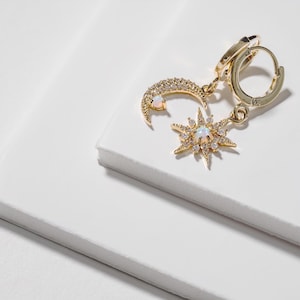 Star and moon Small  earrings, opal celestial earrings, celestial jewelry, charm earrings, earrings, birthday gifts for her, gifts for women