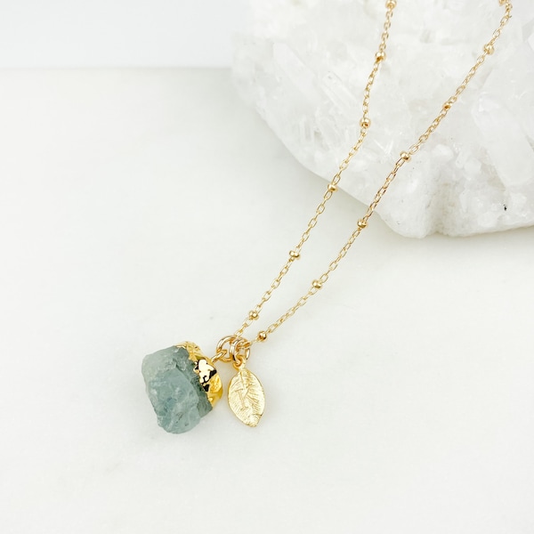 Raw Aquamarine Necklace, Gold Leaf Charm, March Birthstone, Personalized Initial