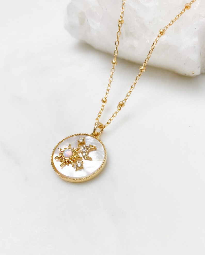 Gold necklace, Opal star necklace, Celestial jewelry, dainty necklace, gift for her, necklaces for women, moon stars necklace, sun necklace