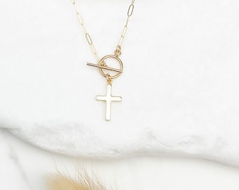 Cross necklace for women, 14k gold filled paperclip chain necklace with mini toggle closure, Gold necklace, dainty necklace