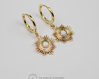 Earrings, Gold hoop earrings, Opal earrings, Gold Earrings, Small  hoop earrings, Opal Dangle earring, Sunburst Earrings, Birthday Gift