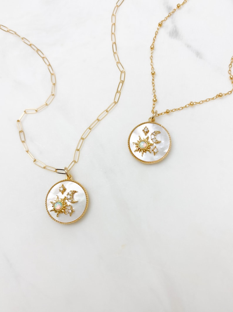 Gold necklace, Opal star necklace, Celestial jewelry, dainty necklace, gift for her, necklaces for women, moon stars necklace, sun necklace