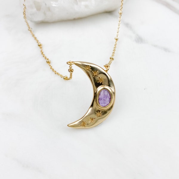 Moon necklace, dainty necklace, amethyst necklace, Celestial jewelry, gold necklace, dainty jewelry, birthday gift for her, jewelry gift