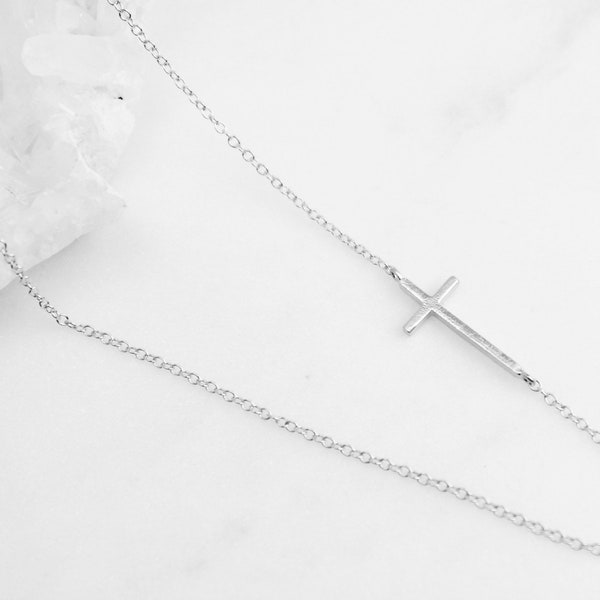 Gold Cross, Sterling silver sideways cross necklace, necklaces for women, birthday gift, gift for her, silver cross, dainty necklace