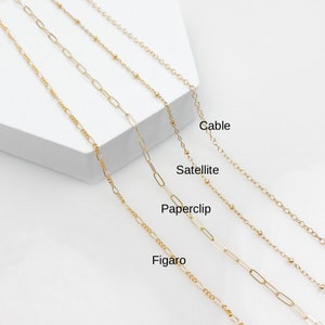 May include: Four gold chains of different styles: Figaro, Paperclip, Satellite, and Cable. The chains are laid out on a white surface.