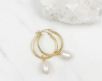 Pearl hoop earrings, Hoop earrings, gold earrings, pearl earrings, gold hoop earrings, gold hoops, convertible earrings, pearl jewelry