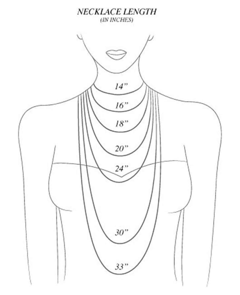 May include: A diagram illustrating necklace lengths in inches. The image shows a stylized figure with several necklace lengths labeled: 14", 16", 18", 20", 24", 30", and 33". The text "NECKLACE LENGTH (IN INCHES)" is at the top.