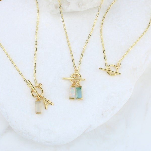 14k Gold Necklaces, paperclip Necklace toggle closure, Baguette birthstone necklace, Initial necklace, charm necklace, jewelry gift, Pendant
