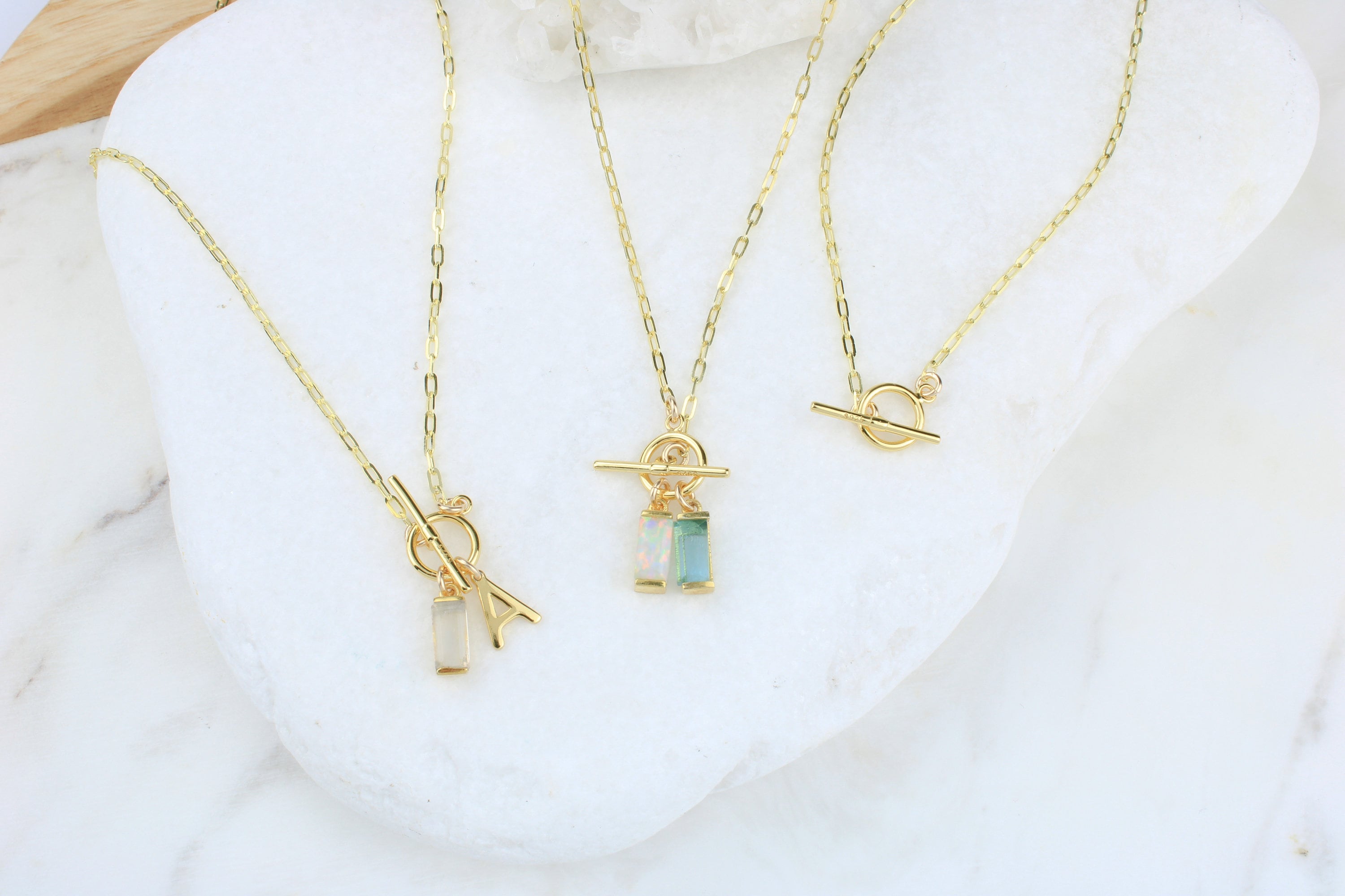 14k Gold Necklaces, paperclip Necklace toggle closure, Baguette birthstone necklace, Initial necklace, charm necklace, jewelry gift, Pendant