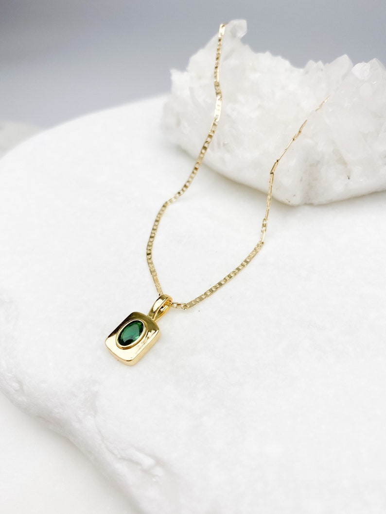 Gold filled Emerald Pendant Necklace, gold necklace, dainty necklace, layering necklace, Gift for her, Emerald Necklace, Paperclip image 1